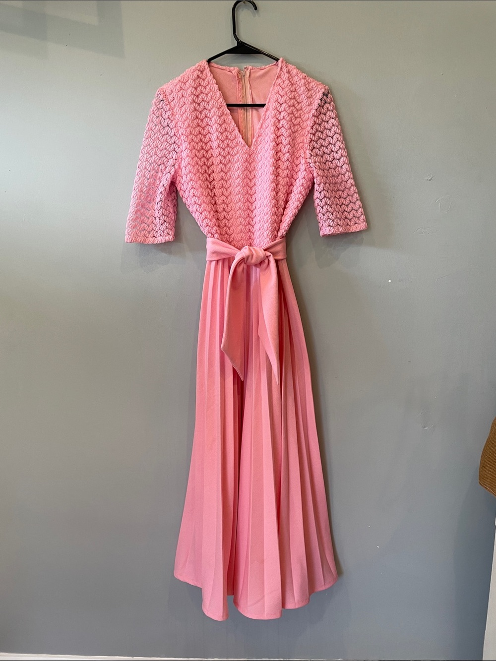 Pink V-Neck Textured Maxi Dress handmade vintage small